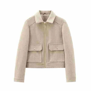 Women's oatmeal soft wool-like jacket with zipper closure and large pockets on front