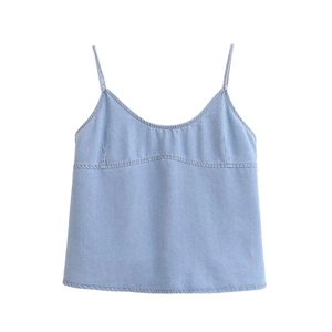 Women's light blue denim camisole top with thin straps and round neckline for summer