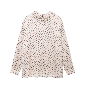 Women's summer two-piece outfit featuring strawberry print top with ruffled collar and cuffs