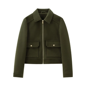 Short dark green wool jacket for women with metal zipper and large flap pockets