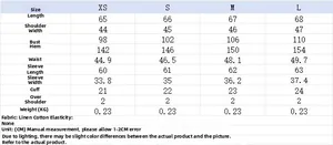 Detailed sizing chart for women's long sleeve linen shirt including bust and length info
