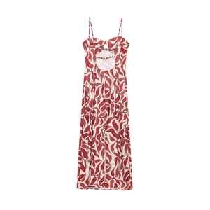 Red and white abstract print midi dress with thin straps and open back cutout detail