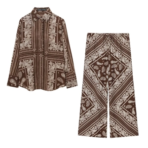Women's Vintage Paisley Print Loose Casual Polyester Top And Bottom Long Sleeve Shirt And Drawstring Wide Leg Pants Set