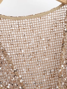 Detail of beige mesh top with silver sequins and high-quality piping at the neckline