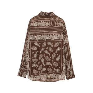 Relaxed brown long-sleeve paisley print shirt with bohemian floral design for women