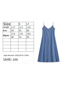 Tableau des tailles détaillé pour la robe en jean avec mesures en cm pour S M et L