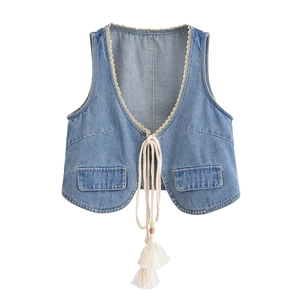Gilet en Jean Bohème Vintage pour Femme Sans Manches Col en V Bordure en Dentelle Crop Top avec Glands et Perles en Bois