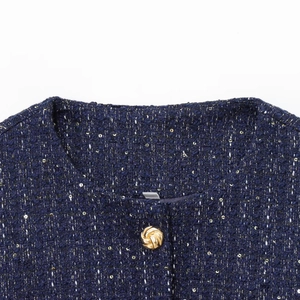 Elegant navy tweed jacket with gold metallic threads and a round neck gold button detail