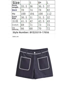 Size chart and measurement guide for high-waisted dark blue washed denim shorts