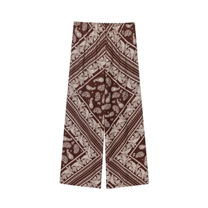 Women's summer wide-leg pants with vintage white paisley print and elastic waist