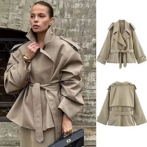Women's Loose Casual Mid-Length Trench Coat With Belt Lapel Epaulettes Khaki Windproof Woven Jacket For Spring Autumn