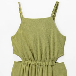 Grass green cutout summer dress with braided strap and beaded detail for vacation
