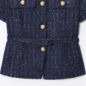 Navy blue tweed short sleeve jacket with gold buttons and waist belt for women