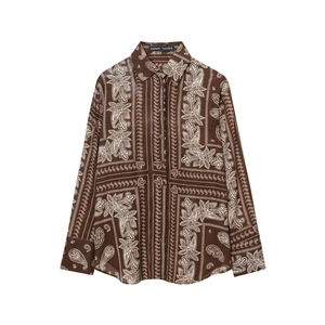 Women's paisley print casual brown shirt with long sleeves and loose fit for summer