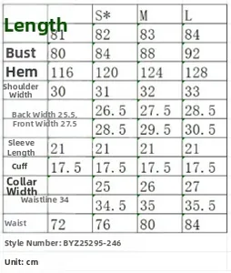 Detailed size guide for denim dress with measurements for bust, waist, and length in cm
