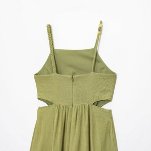 Grass green hollow-out strap dress with braided beaded straps and waist cut-outs