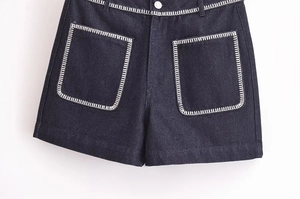 Detail of dark blue denim shorts with white blanket stitch contrast and front pockets