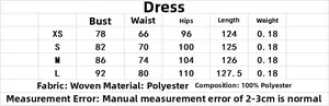 Size chart for women's embroidered midi dress with detailed polyester fabric measurements