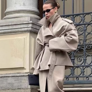 Chic beige belted short trench coat set with a wide collar and matching skirt