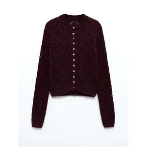 Women Vintage Burgundy Hollow Out Knit Cardigan Satiny Cotton Pointelle Round Neck Long Sleeve Button Up Sweater Top