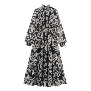 Women Black White Ikat Print Smocked High Neck Maxi Dress Long Sleeve Tiered Chiffon Lurex Bohemian Style Dress