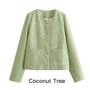 Women Light Green Tweed Jacket Elegant Round Neck Silver Buttons Patch Pockets Chanel Style Casual Chic Long Sleeve Outerwear Coat