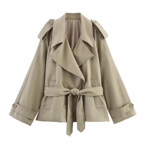 Classic khaki short oversized trench coat with wide lapels and belted waist for women