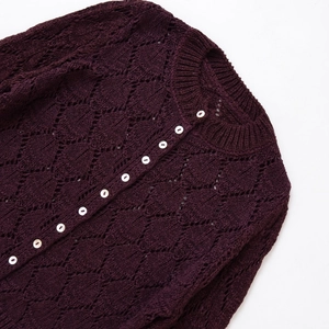 Women's burgundy crochet knit cardigan with diamond hollow out pattern and front buttons