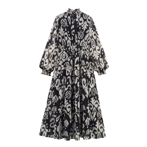 Women's long sleeve ikat print chiffon maxi dress with high neck and elastic waist
