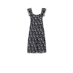 Women French Vintage Floral Embroidery Midi Dress Square Neck Ruffle Sleeve Button Front A-Line Summer Party Vacation Dress