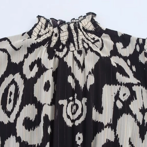 Floral print chiffon top with high ruffle neck and metallic gold pinstripes detail