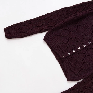 Dark purple knit cardigan with leaf pattern mesh crochet and white buttons on white base