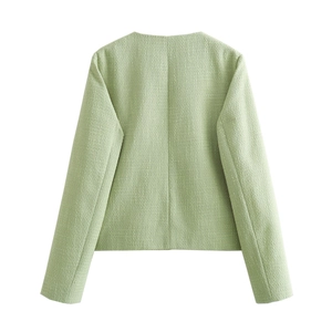 Back view of light green tweed casual jacket with long sleeves and refined woven texture