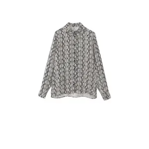 Damen Langarm Schlangenmuster Hemd Eleganter Revers-Kragen Satin-Textur Bluse Polyester Tiermuster Oberteil Für Herbst