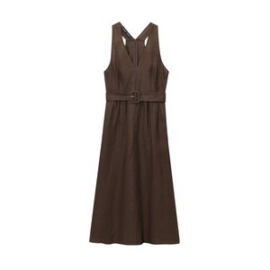 Robe d'Été pour Femme Col en V Sans Manches en Lin Coton Ligne A Avec Ceinture Fermeture Éclair au Dos Couleur Unie Robe Maxi Élégante