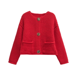 Classic red knit cardigan sweater for women featuring large gold buttons and two pockets