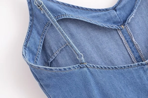 Vue détaillée du tissu denim bleu avec coutures contrastées orange et fine bandoulière