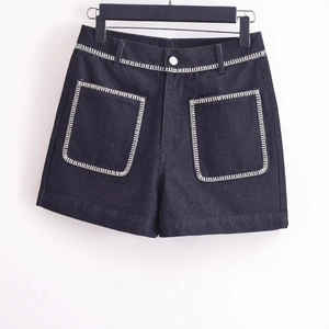 Women high waisted dark wash denim shorts with contrast stitching and large front pockets