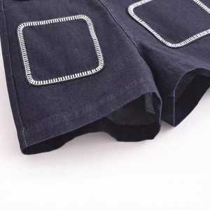 Deep blue denim shorts with contrast stitching and symmetrical front patch pockets