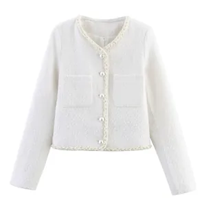 Veste en Tweed Blanc Élégante pour Femmes Boutons de Künstliche Perles Manches Longues Col Rond Bordure Tressée Chic Automne