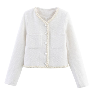 Veste en tweed blanc pour femme avec boutons nacrés et bordure tissée dorée classique