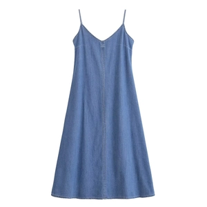 Robe à Bretelles en Denim Décontractée pour Femmes Élégante Col en V Sans Manches Coupe Trapèze Midi pour Vacances d'Été Robe en Denim de Coton Lavé Bleu