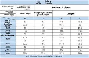 Detailed size chart for beige suede jacket including measurements from XS to L