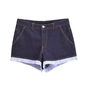 Women's Casual Denim Shorts High Waist Patchwork Ruffle Stripped Hem Dark Blue Contrast Stitching Pockets Summer Bottoms