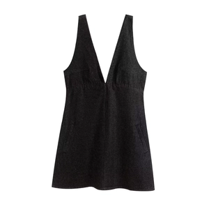 Women's V-Neck Sleeveless Denim Midi Dress Zipper Front A-Line Solid Color Cotton Blend Casual Streetwear Summer Dress
