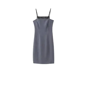 Robe Nuisette Femme Décontractée Ajustée Détail Dentelle Rayures Col en V Sans Manches Été Streetwear Robe Midi Gris Polyester