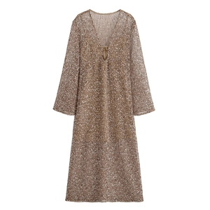 Elegant champagne sequin mesh V-neck mini dress for party and beach resort wear