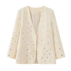 Minimalistischer beiger Damen-Blazer mit silbernen Pailletten-Punkten und V-Ausschnitt
