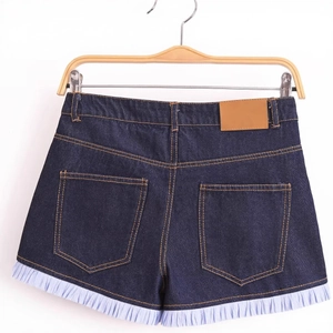 Women's dark blue denim shorts featuring decorative light blue pleated hem and back pockets
