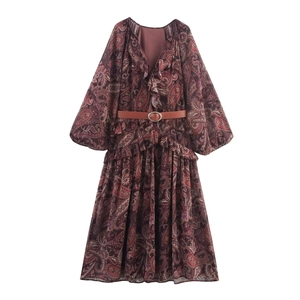 Vintage Paisley Print V-Neck Maxi Dress For Women Ruffle Trim Long Lantern Sleeve Belted Bohemian Elegant Autumn Flowy Dress